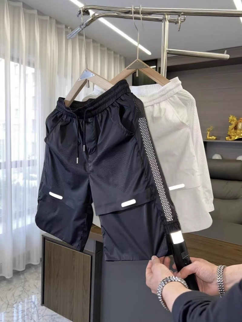 Summer Breathable Splicing Ice Silk Shirt Shorts Two-Piece Set for Men High Elastic Loose Quick-Drying Sports Casual Suit for Men