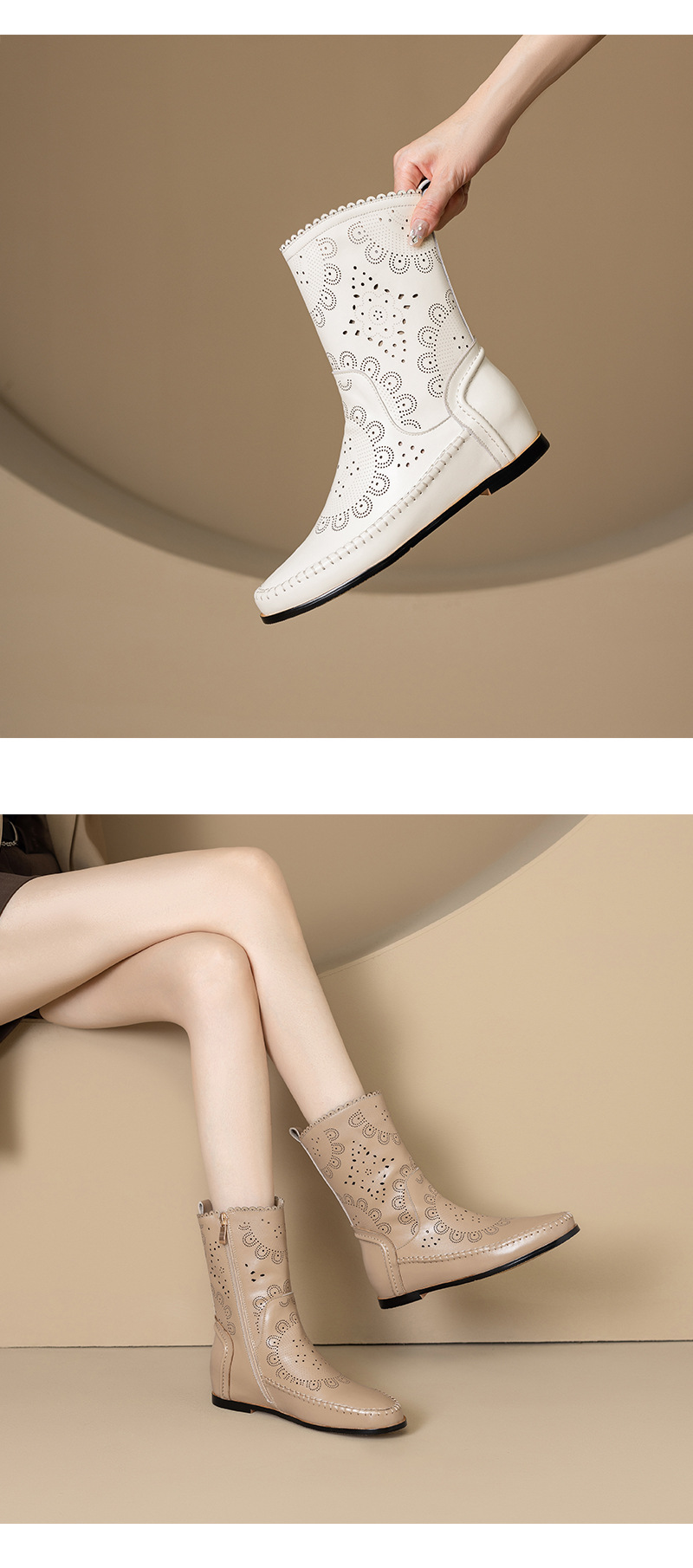 Boot nữ cổ thấp da bò đục lỗ đế xuồng đốt hoa — Màu be [lót một lớp] chi tiết 7