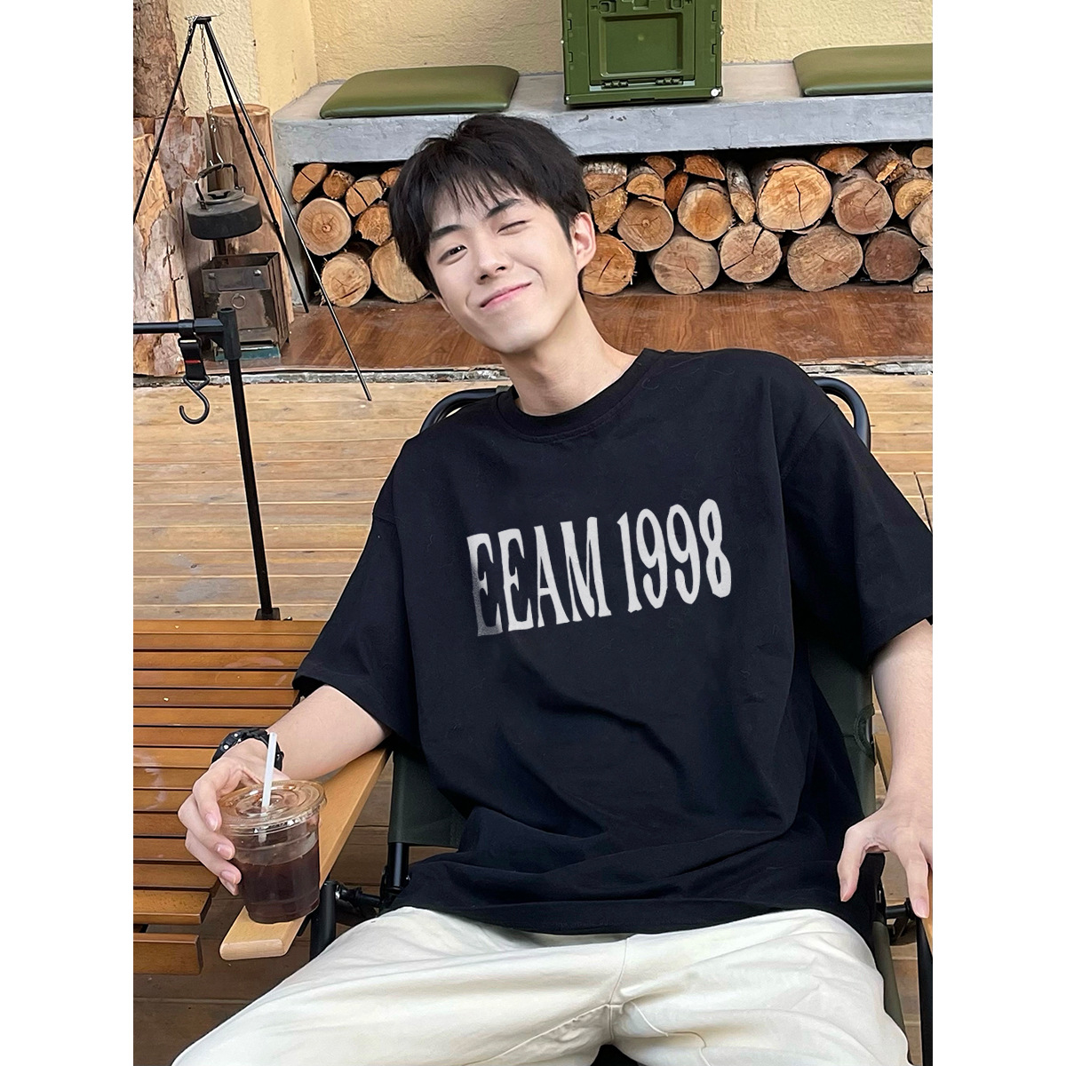 Summer men's round neck printed short sleeved T-shirt loose trendy letter casual youth minimalist base shirt_voghion.com
