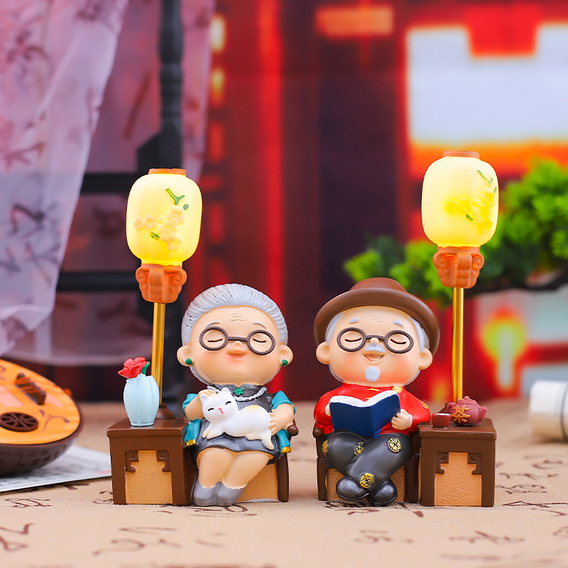创意中式老头老太岁岁常相见小灯摆件卧室发光发亮小夜灯一件代发