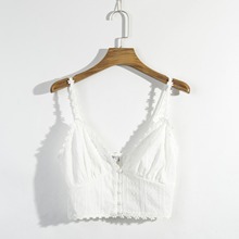 F20TP1424-20春款 欧美范修身款深V领蕾丝花边单排扣露脐吊带背心