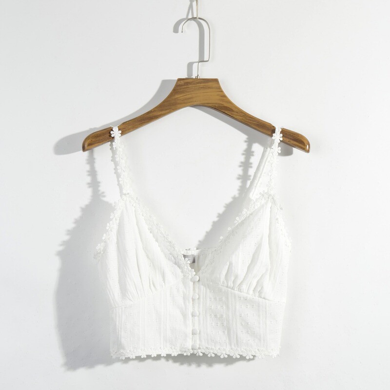 F20Tp1424-20 Spring Style European and American Style Slim Fit Deep V-Neck Lace Trim Single-Breasted Cropped Camisole F20Tp1424-20 Spring Style European and American Style Slim Fit Deep V-Neck Lace Trim Single-Breasted Cropped Camisole
