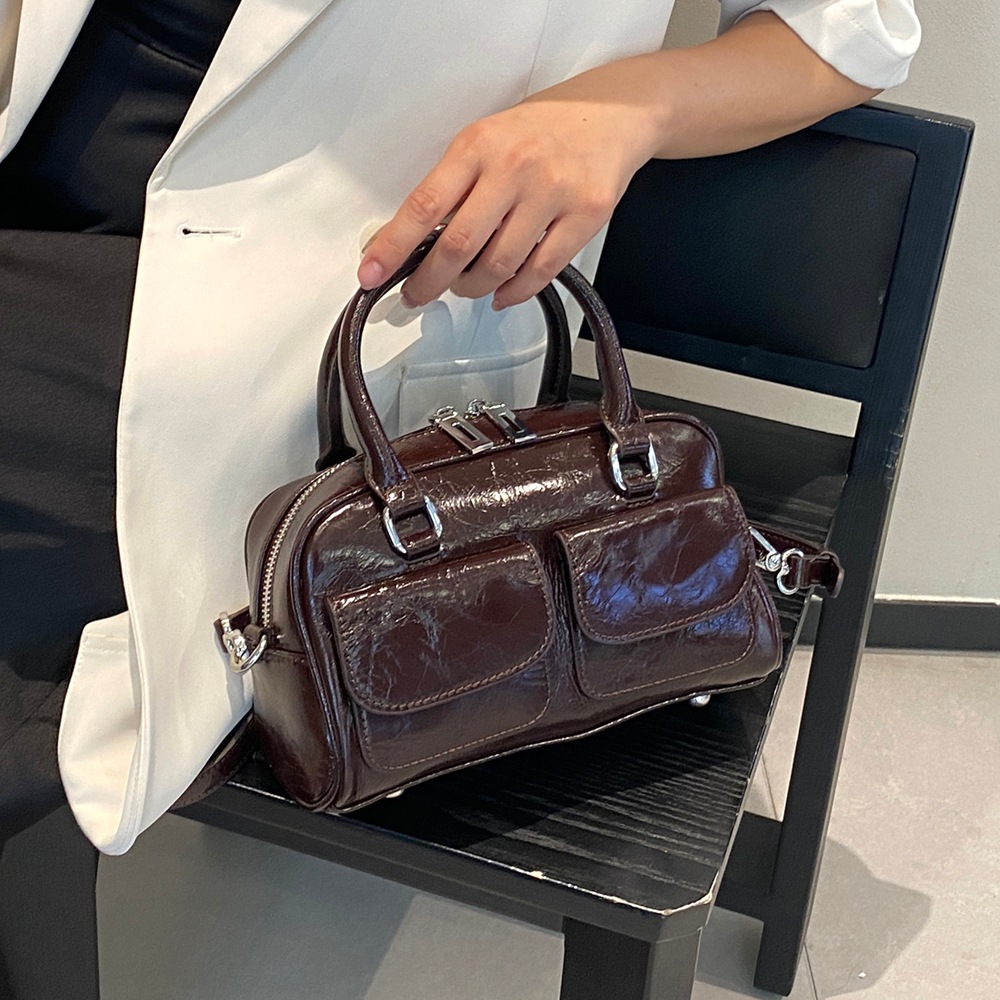 Genuine Leather Retro Handbag For Women, Cracked Cowhide Fashion Simple Bowling Boston Bag, Commuter Shoulder Bag - Thumbnail 7