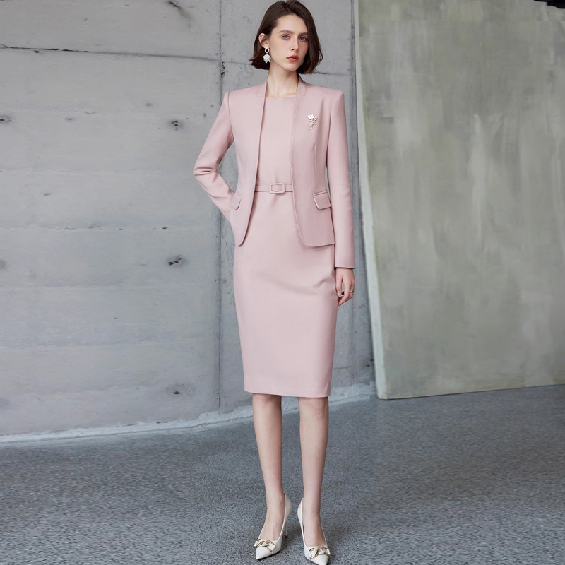 Spring and Autumn Fashion Elegant Pink Professional dress suit Slim-fit Slimming Collarless Suit Dress Work Clothes Female OL