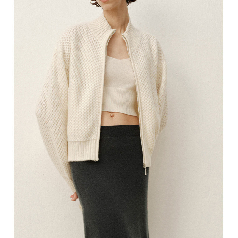 【ED Order】New Autumn/Winter Cashmere Stand Collar Mesh Pattern Zipper Knit Cardigan with Unique Design