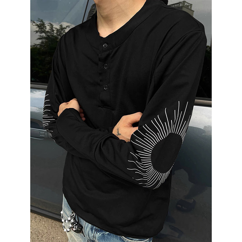 Sun Embroidery Henry Collar Long-Sleeve T-Shirt for Men, Trendy American High Street Style Crew Neck Sweatshirt, Cleanfit Base Layer Shirt