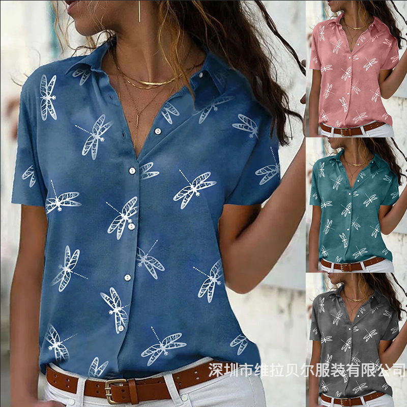 大量现货亚马逊速卖通女装衬衫2023夏季跨境蜻蜓花朵印花短袖衬衣