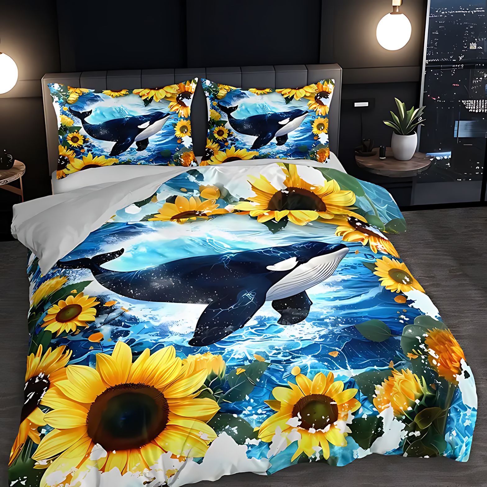 TEMU / JIT girasol tema marino set edredón transfronterizo molido edredón de impresión digital se puede diseñar