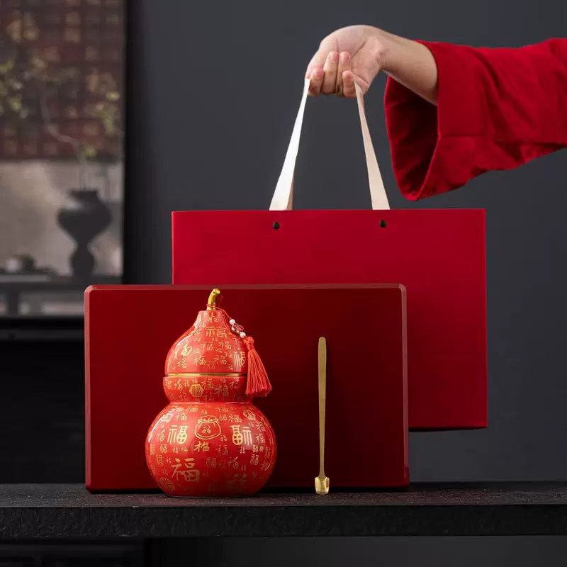 中国红色喜庆陶瓷百福葫芦茶叶罐摆件高档陶瓷罐茶叶包装礼盒批发