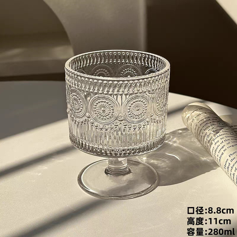 Taza de vidrio de pies cortos medieval taza de bebida fría de jugo casero taza de helado de alto valor de cara taza de helado taza de postre de nicho