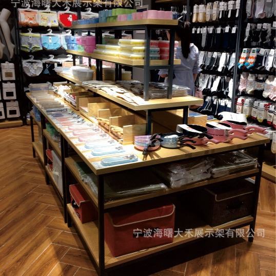 宁波货架双面展架连锁店钢木结构中岛柜高低柜文具店杂货铺流水台