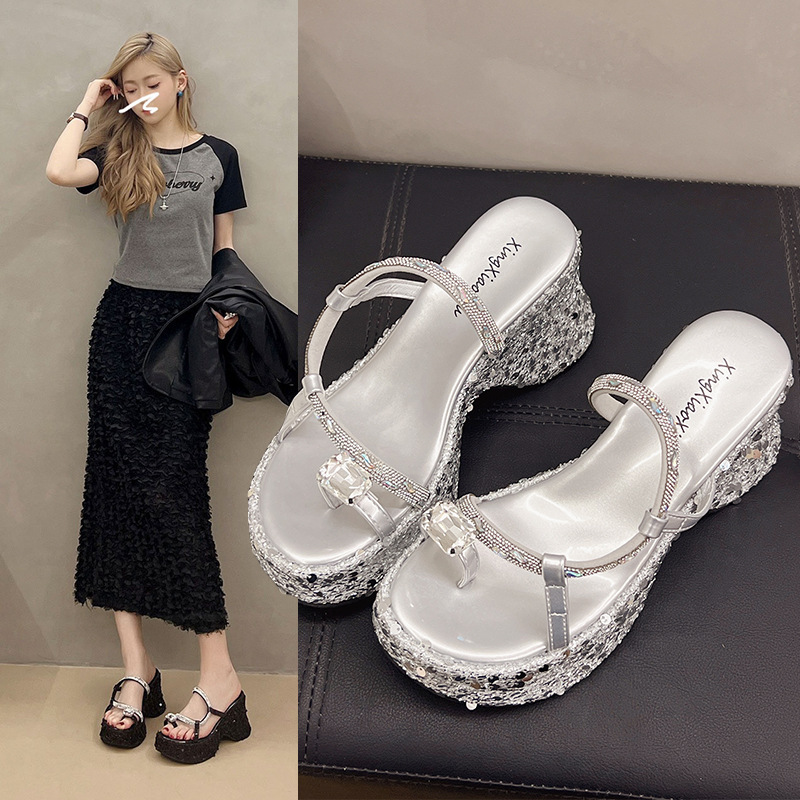 Thick-Soled Wedge-Heeled Slippers for Women 2026 New Summer Fashion Sequined Transparent One-Toe High-Heeled Sandals for Outdoor Wear