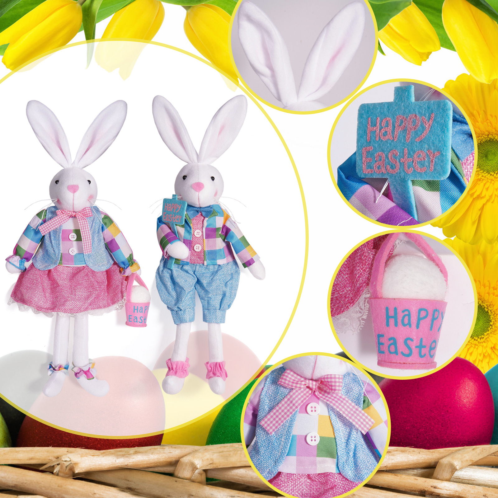 Nuevos productos transfronterizos de conejo de Pascua muñeca cesta cuadrada azul rosa muñeca colgante adorable decoración