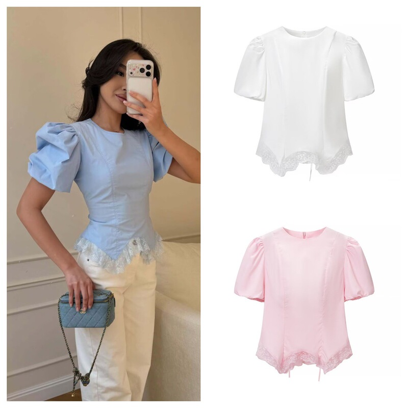Myst&Za New Summer Women's Fashion Versatile Round Neck Lace Splicing Hem Short-Sleeved T-Shirt Top Myst&Za New Summer Women's Fashion Versatile Round Neck Lace Splicing Hem Short-Sleeved T-Shirt Top