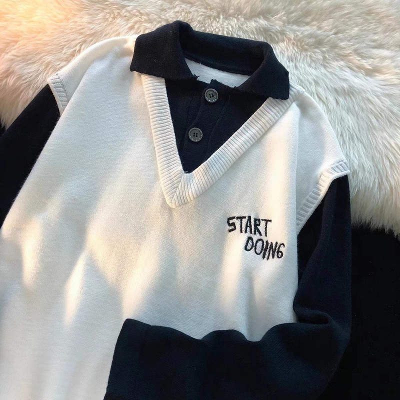 Men's clothing two piece polo collar sweater men's autumn and winter trend loose stitching embroidery knitted sweater men's casual jacket_voghion.com