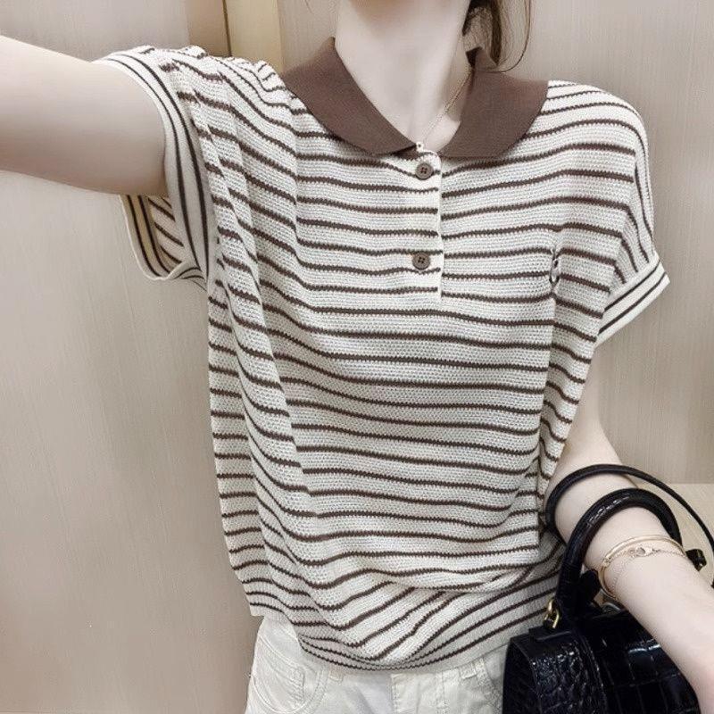 100kg Women's Ice Silk Short Sleeve T-Shirt, Loose Striped Plus Size Versatile Slimming Polo Collar Knit Top