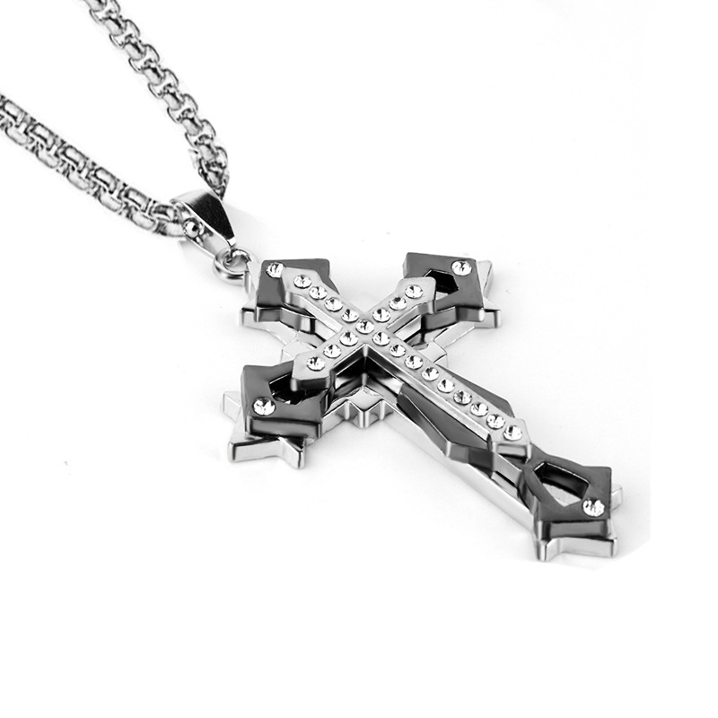 Collier unisexe en acier inoxydable moulé, orné d'une croix et de multiples diamants, style européen et américain, collection 2026 Foreign Trade._voghion.com