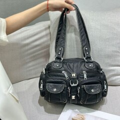 新しいクロスボーダーバッグ女性のヨーロッパとアメリカのファッションウォッシュ PU ショルダークロスボディバッグカジュアルレディース多用途トートバッグ卸売