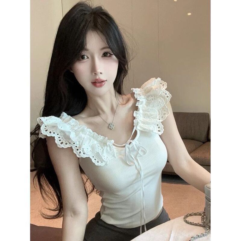 Sweet One-Shoulder Off-The-Shoulder Lace Trim High-Waisted Pure Desire Style Short Slim-Fit Sleeveless Top for Women Sweet One-Shoulder Off-The-Shoulder Lace Trim High-Waisted Pure Desire Style Short Slim-Fit Sleeveless Top for Women