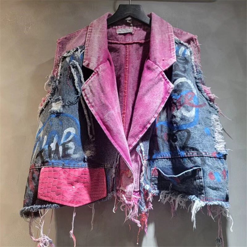 New Trendy Brand Graffiti-Style Distressed Frayed Edge Design Denim Vest Sleeveless Short Jacket Gilet Coat New Trendy Brand Graffiti-Style Distressed Frayed Edge Design Denim Vest Sleeveless Short Jacket Gilet Coat
