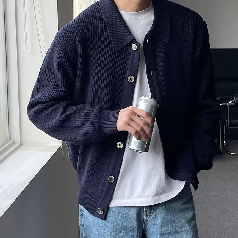 翻领针织衫男春秋新款休闲百搭宽松美式复古潮流开衫长袖毛衣外套|undefined