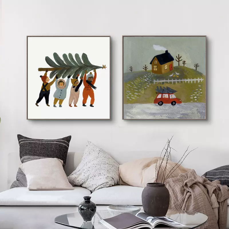 北欧人物插图艺术装饰画小众治愈系挂画儿童房卧室圣诞节新年挂画