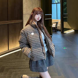 高品M家立领千鸟格羽绒服外套小香风加厚短外套上衣外套保暖格纹