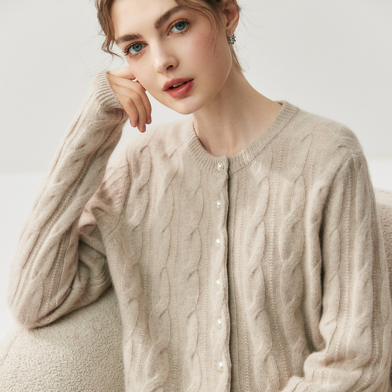 2025 Autumn/Winter New Cashmere Cardigan for Women, Round Neck, Cable Knit, Pearl Button, Lazy Style, Loose Sweater Coat