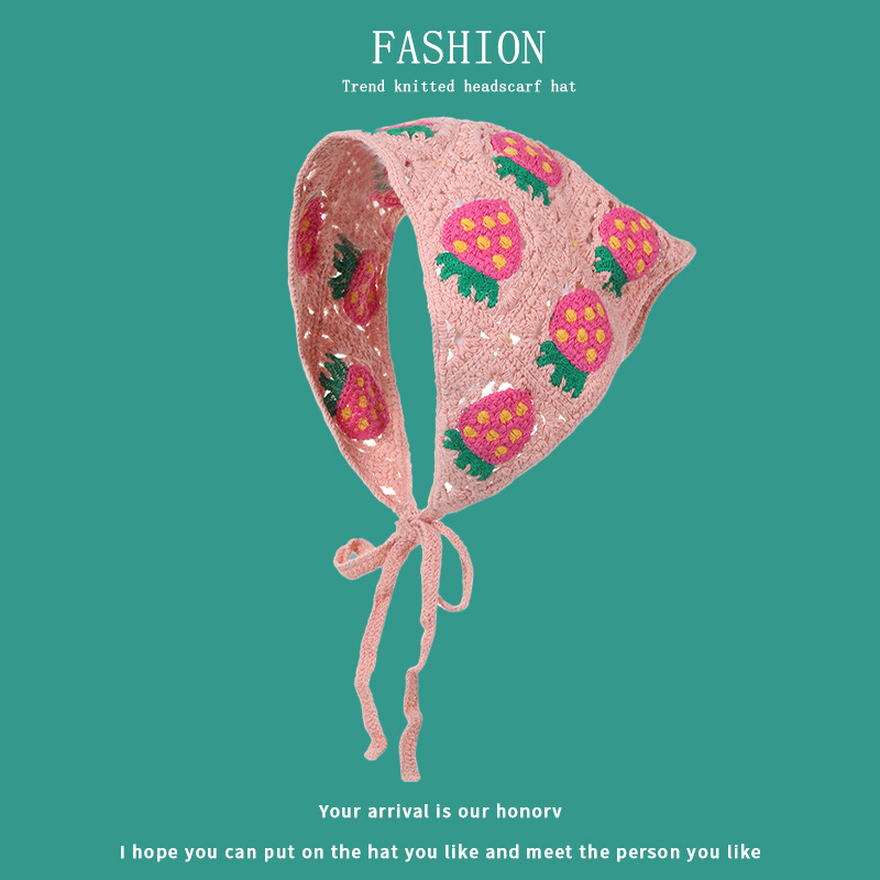 Spring and Summer Outdoor Sweet Knit Headband Lattice Triangle Scarf Strawberry Flower Headband for Girls with Elegant Hair Tying