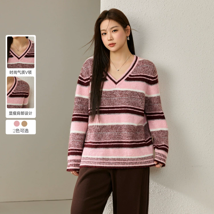 Цветное шоу большого размера женский повседневный ленивый дизайн чувство индивидуальности контрастный V-образный свитер жирный mm2024 зимняя одежда новый