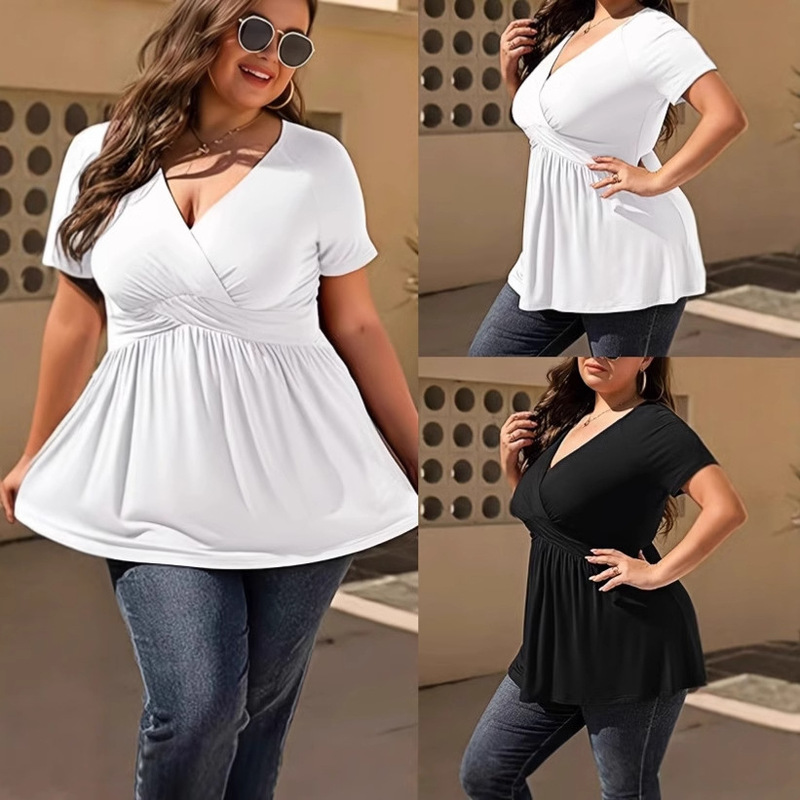 Spring and Summer 2025 New Foreign Trade Cross-border Amazon ebay Explosions Women's plus size T-shirt V-neck Top Pleated Women's Clothing Spring and Summer 2025 New Foreign Trade Cross-border Amazon ebay Explosions Women's plus size T-shirt V-neck Top Pleated Women's Clothing