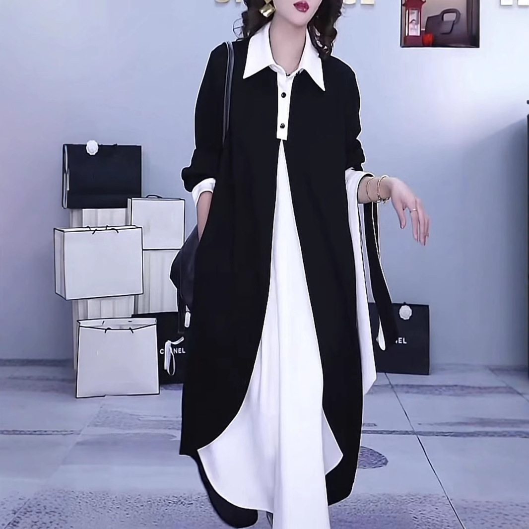 Fashionable Fake Two-piece Contrast Shirt dress 2024 Spring and Autumn New Korean Loose Slim All-match Dress