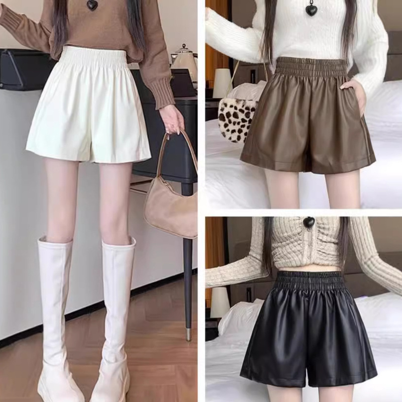 Brown Leather Shorts for Women 2025 Autumn and Winter New High-Waisted A-Line Slimming Look Wide-Leg Pants Pu Leather Fashionable Outer Boot Pants