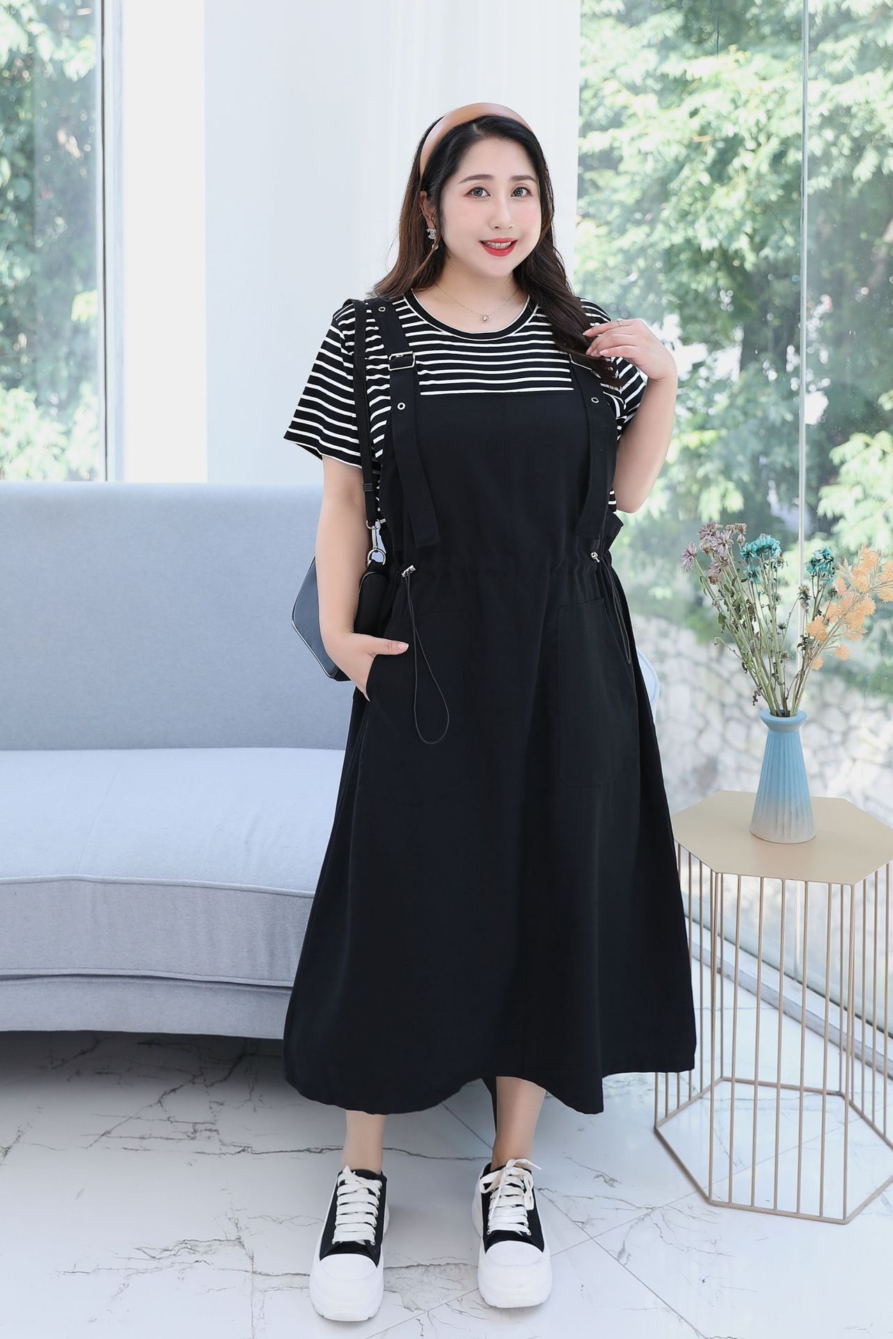 Fat mm plus fat plus size summer new product large size women's loose casual T-shirt strap skirt two-piece suit dress
