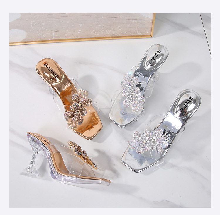 Sandal nữ quai ngang gót ly trong suốt đính hoa đá lấp lánh, gót 6–8 cm — Vàng Sâm Banh, bạc chi tiết 15