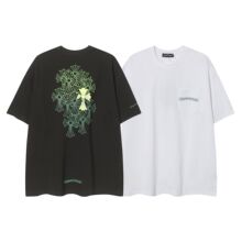 潮牌CH克罗伈新品洗水重工梵文马蹄立体印花男女宽松圆领短袖T恤