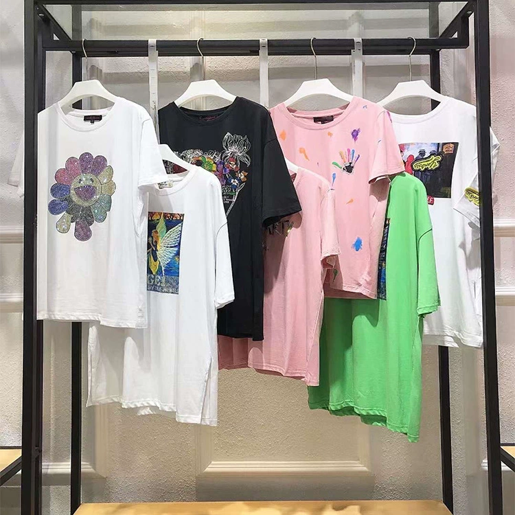 2023 Летняя футболка с короткими рукавами женская новая тяжелая промышленность с горячей печатью с круглым вырезом