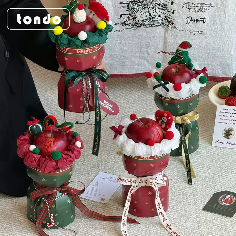 圣诞节苹果小花束包装材料圣诞氛围一体式定型片平安果包装卡纸