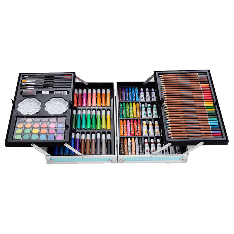 145 caja de aluminio de doble capa, juego de pintura para niños, pincel, acuarela, crayón, pastel al óleo, suministros de arte para estudiantes, caja de regalo
