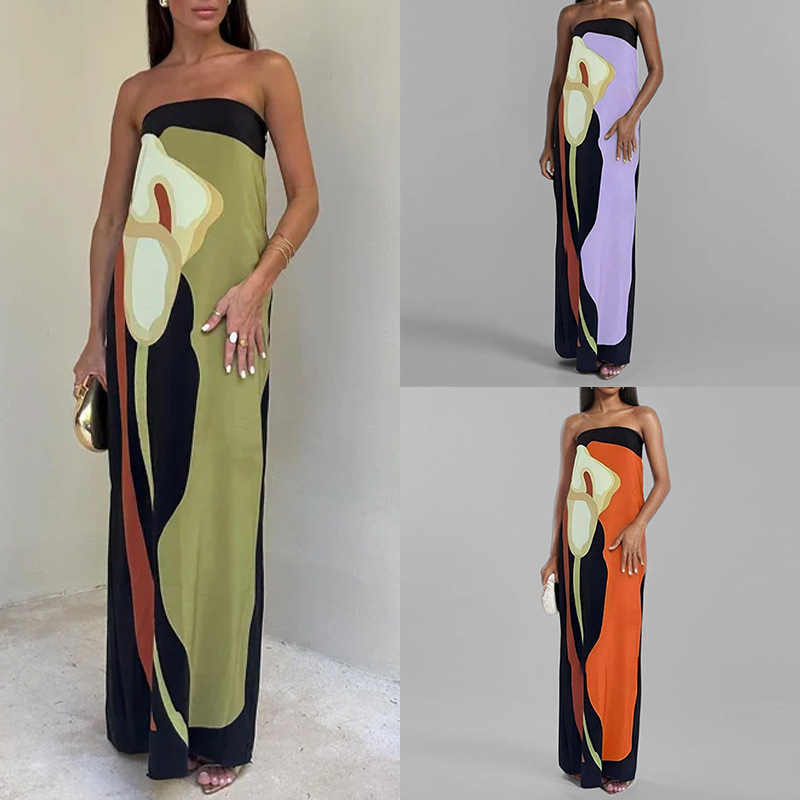 2026 Spring New Collection Cross-Border European and American Women's Fashion Sexy Strapless Off-Shoulder Backless Printed Dress