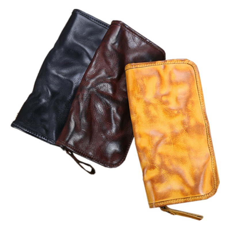 Vintage Fashion Genuine Leather Men's Wallet Vegetable Tanned Washed Business Casual Handmade Men's Bag Cowhide Long Clutch