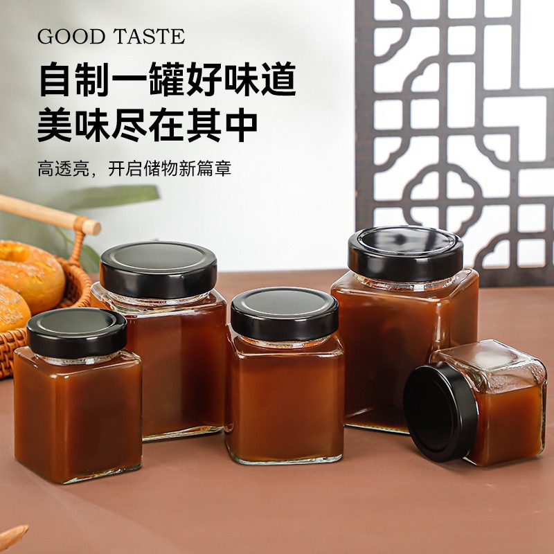 批发100ml方形简约透明玻璃果酱瓶 密封蜂蜜辣椒酱花胶鱼胶分装瓶