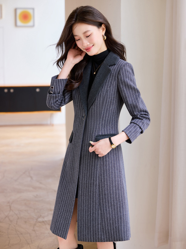 长款西装风衣外套女秋冬季25新款高级感厚款色职业休闲条纹大衣|undefined