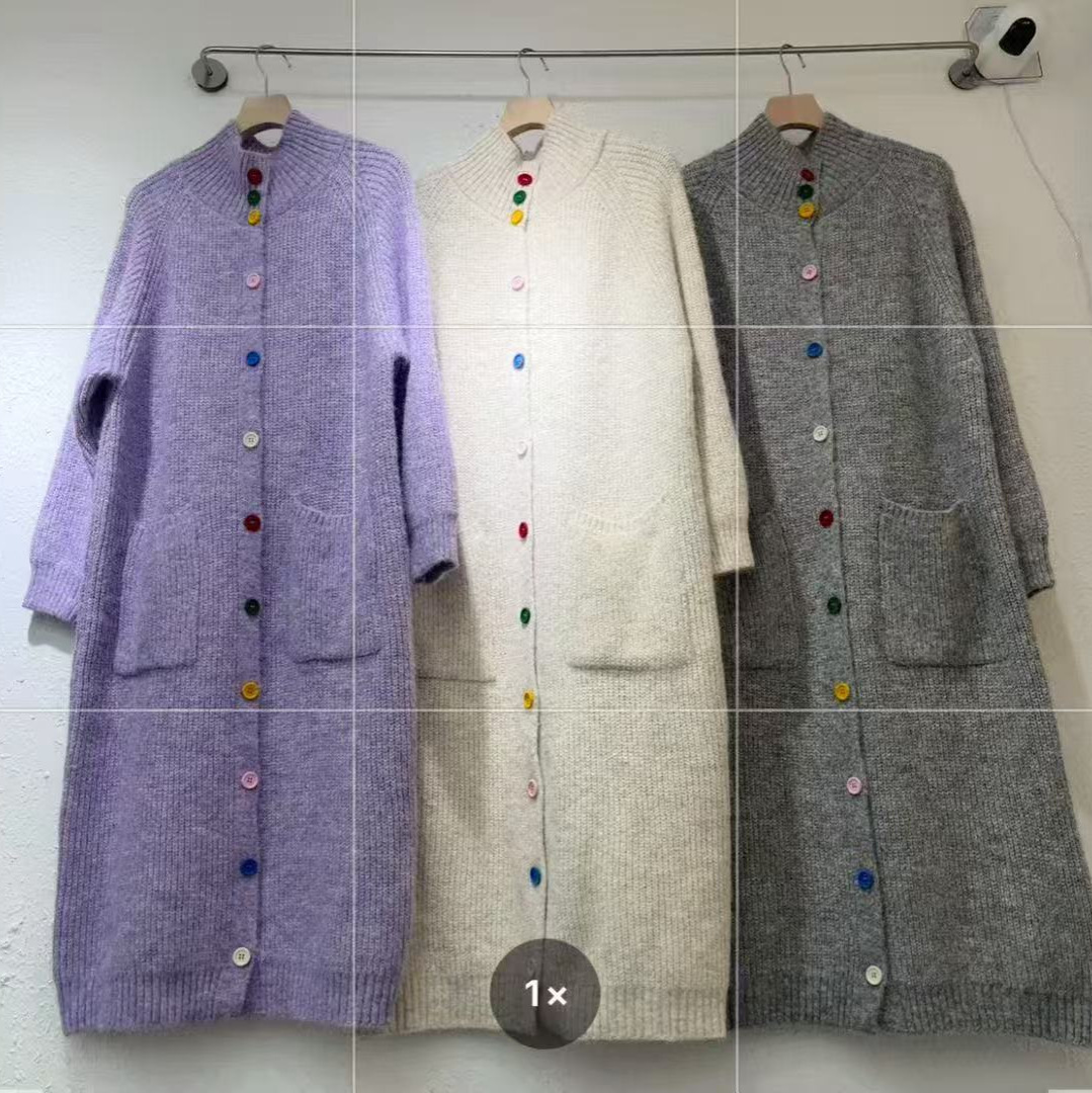 慵懒风彩扣针织中长款开衫女秋冬韩版立领过膝大码粗针毛衣外套