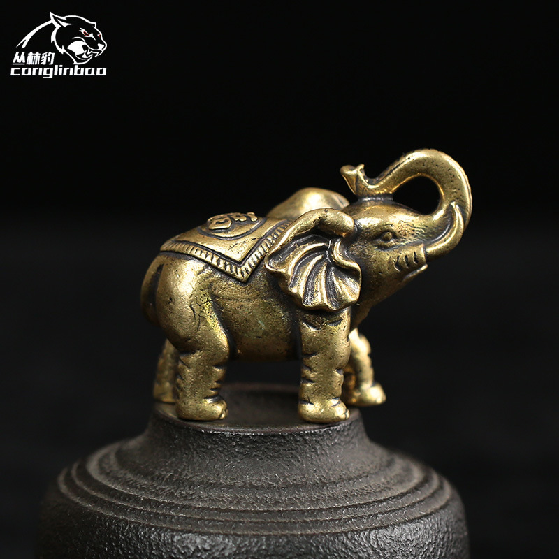 Cobre sólido cobre elefante adornos cobre pequeño tamaño suerte elefante mango piezas bronce antiguo talla fortuna elefante par al por mayor