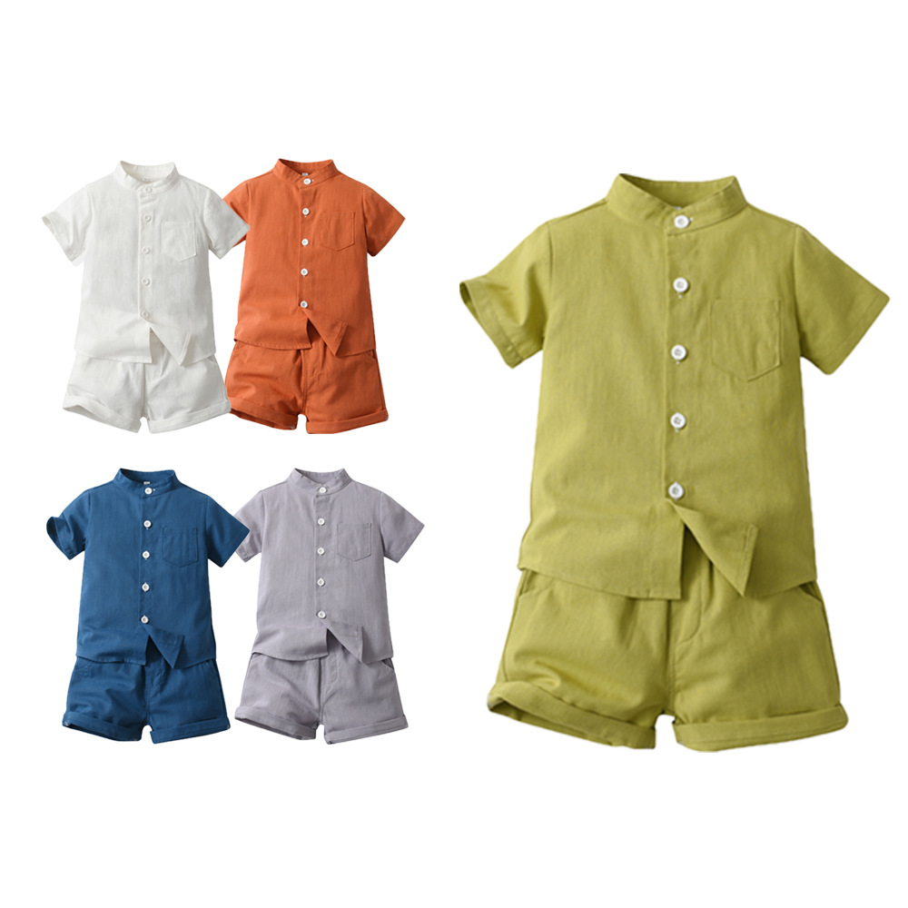 Verano niños europeos y americanos cuello alto camisa de lino de manga corta color dopamina pantalones cortos para niños de dos piezas comercio exterior ropa para niños bebé