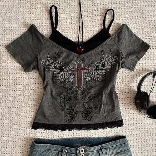 2026 summer cross-border INS trend European and American cross-border dark Y2K fashionable Gothic pattern printed women's short-sleeved T-shirt