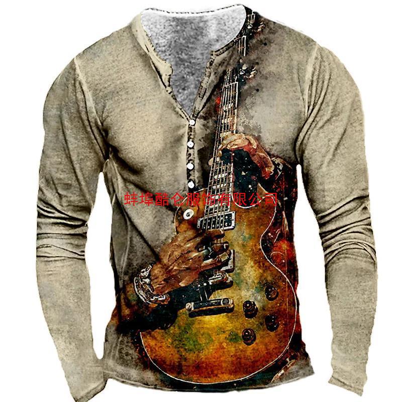 2022 retro hombres 3D digital placket abierto de siete botones Camiseta de manga larga de los hombres de guitarra patrón transfronterizo estación independiente