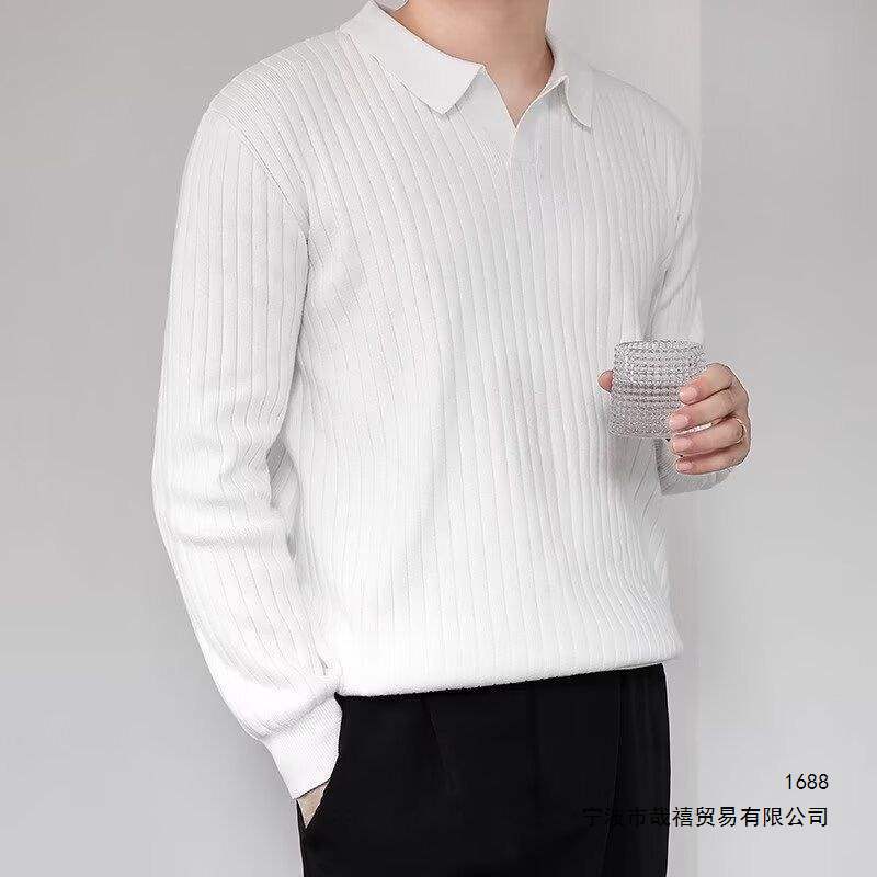 New autumn/winter striped collar men's sweater, textured stretch loose knit polo shirt, long sleeve sweater.
