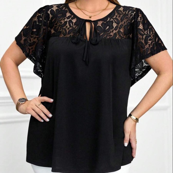 Amazon Aliexpress Women's Lace-Up Lace Splicing Loose Style Suitable for Summer Wear Blouse Tops